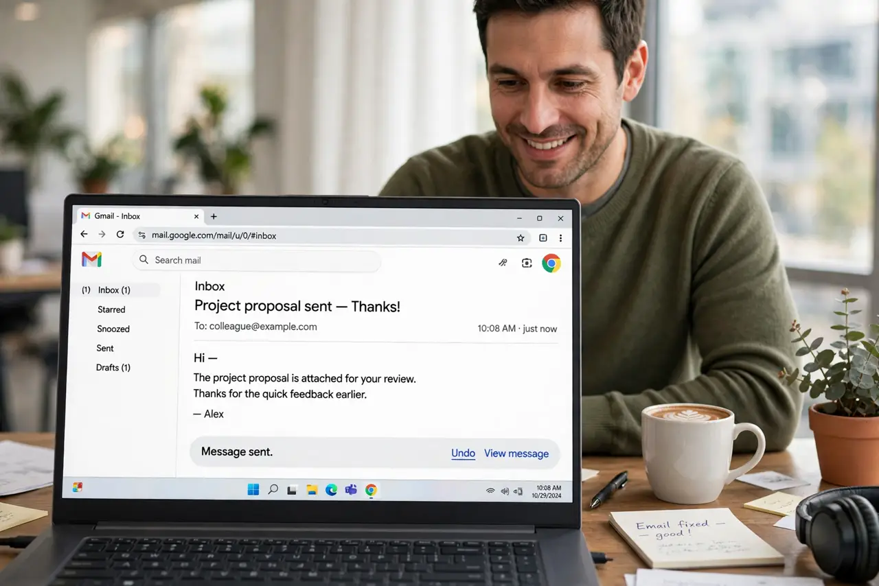 Give Yourself More Undo Time in Gmail — a relieved adult at a desk with a real laptop showing Gmail's undo send bar with fully legible text, the perso