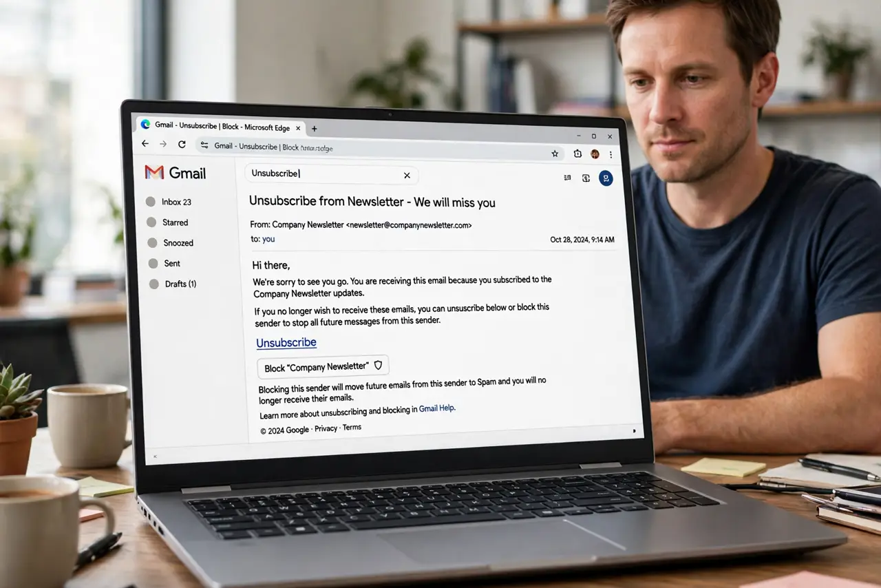 Unsubscribe vs Block in Gmail — a calm adult at a desk with a real laptop showing Gmail's unsubscribe link and block option with fully legible