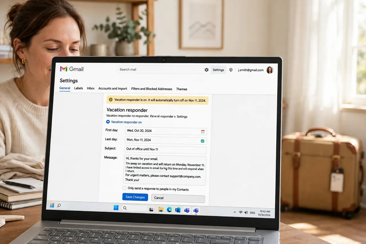 a person using a real laptop showing Gmail settings with the vacation responder section open and legible, a suitcase visible in the background, the person's face relaxed, bright home office.