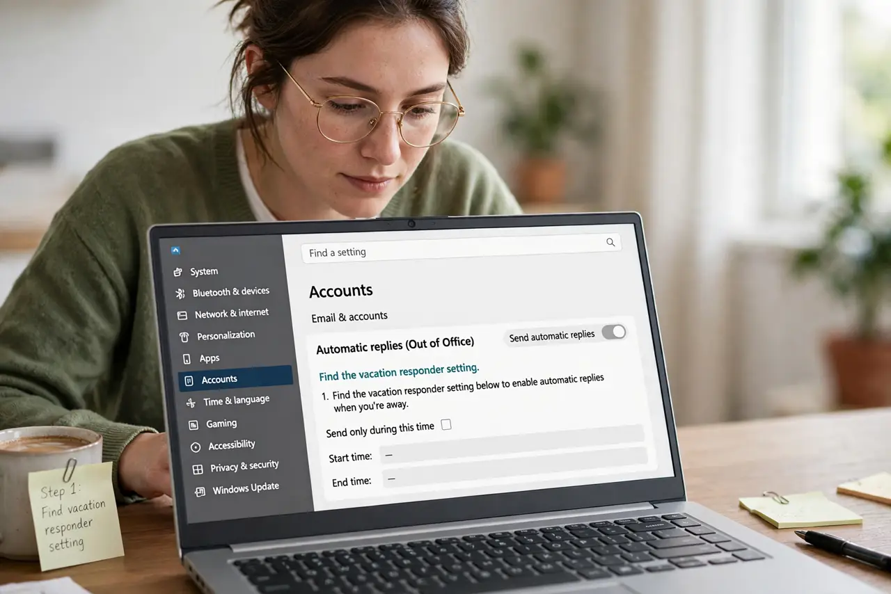A person doing the guide's first step: Find the vacation responder setting.