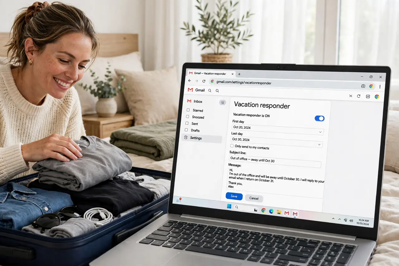 A person packing a suitcase with a real laptop open beside it showing Gmail vacation responder settings, the person's face relaxed and happy, bedroom daylight.