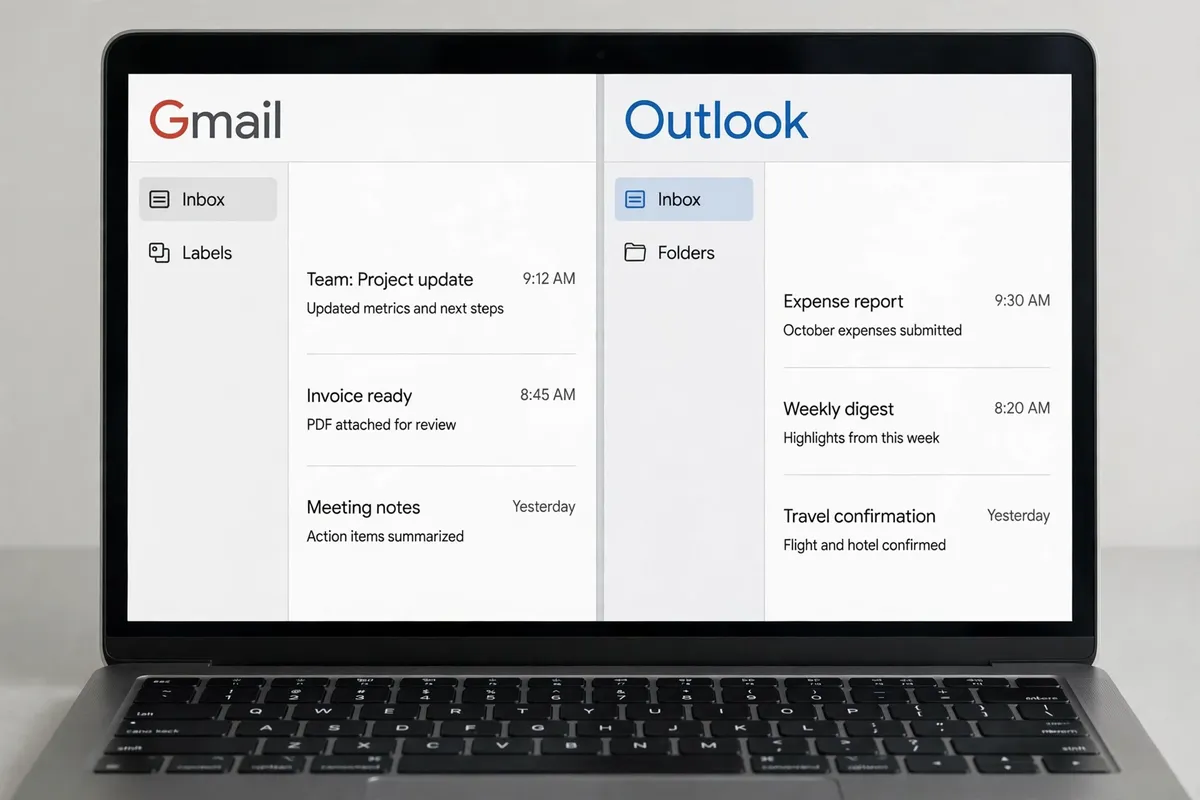 A laptop screen split between Gmail with labels and Outlook with folders, each showing a short inbox list.