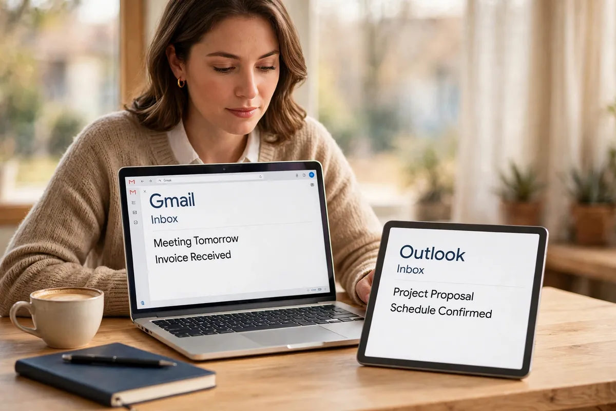 A woman at a bright desk comparing a Gmail inbox on a laptop with an Outlook inbox on a tablet, with a notebook and a coffee cup nearby.