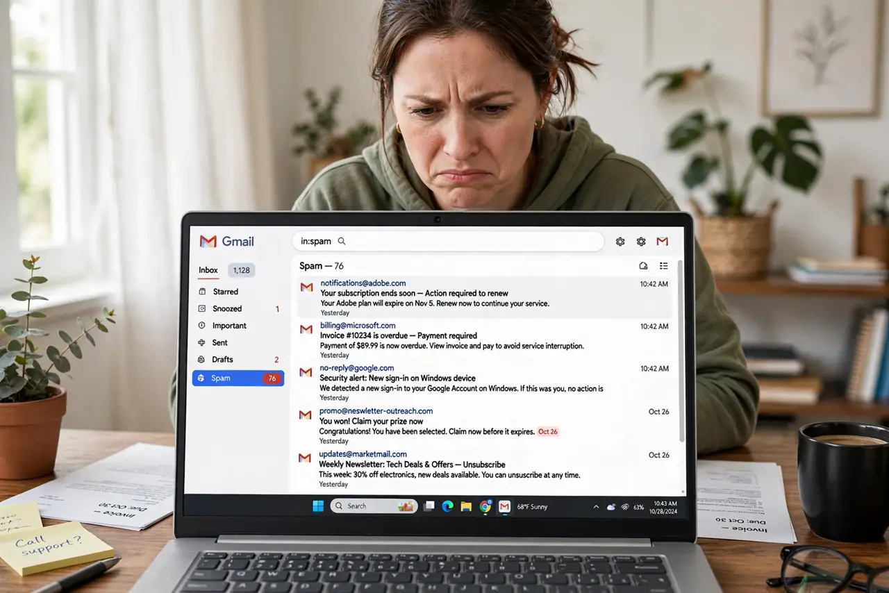 A person frowning slightly at a real laptop showing a Gmail spam folder with legible message rows, the person's face frustrated, home office.