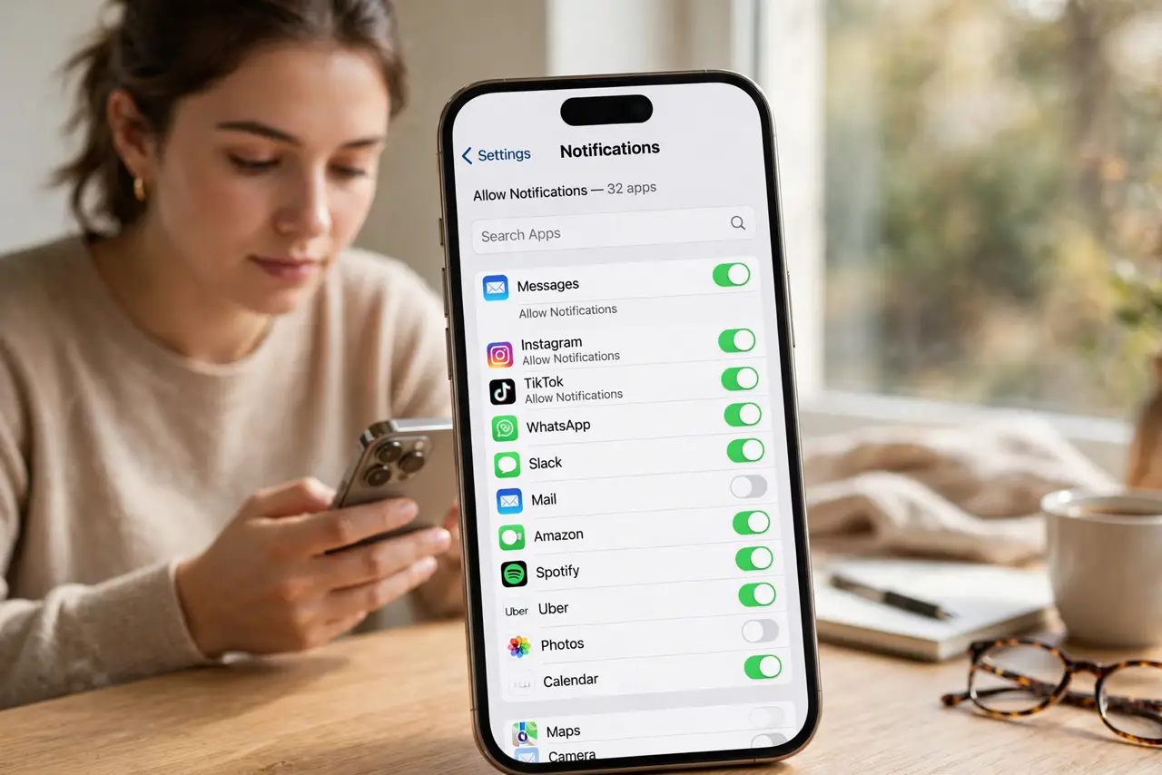 A person performing step 1: Audit what is pinging you today. Open notification settings and scroll the full list — every app with permissi.