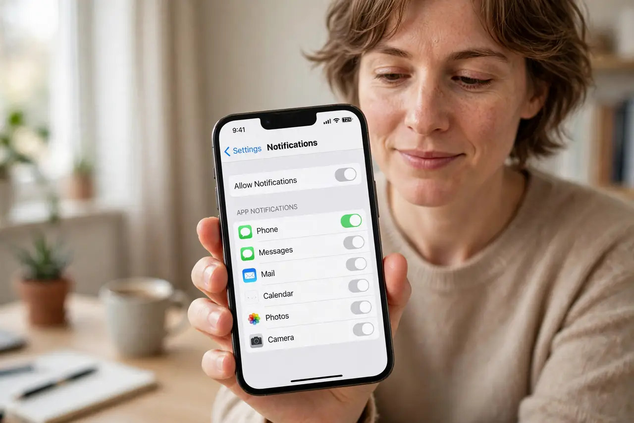 A person holding a real smartphone showing notification settings with most toggles off and legible text, the person's face relieved, calm home office.