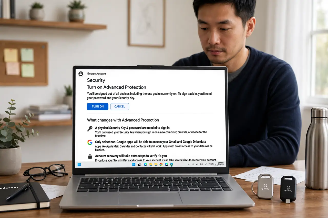 a person at a real desk enrolling in Advanced Protection on a real laptop, the Google security settings page legible on screen, two real hardware security keys beside the laptop, the person's face serious, home office.
