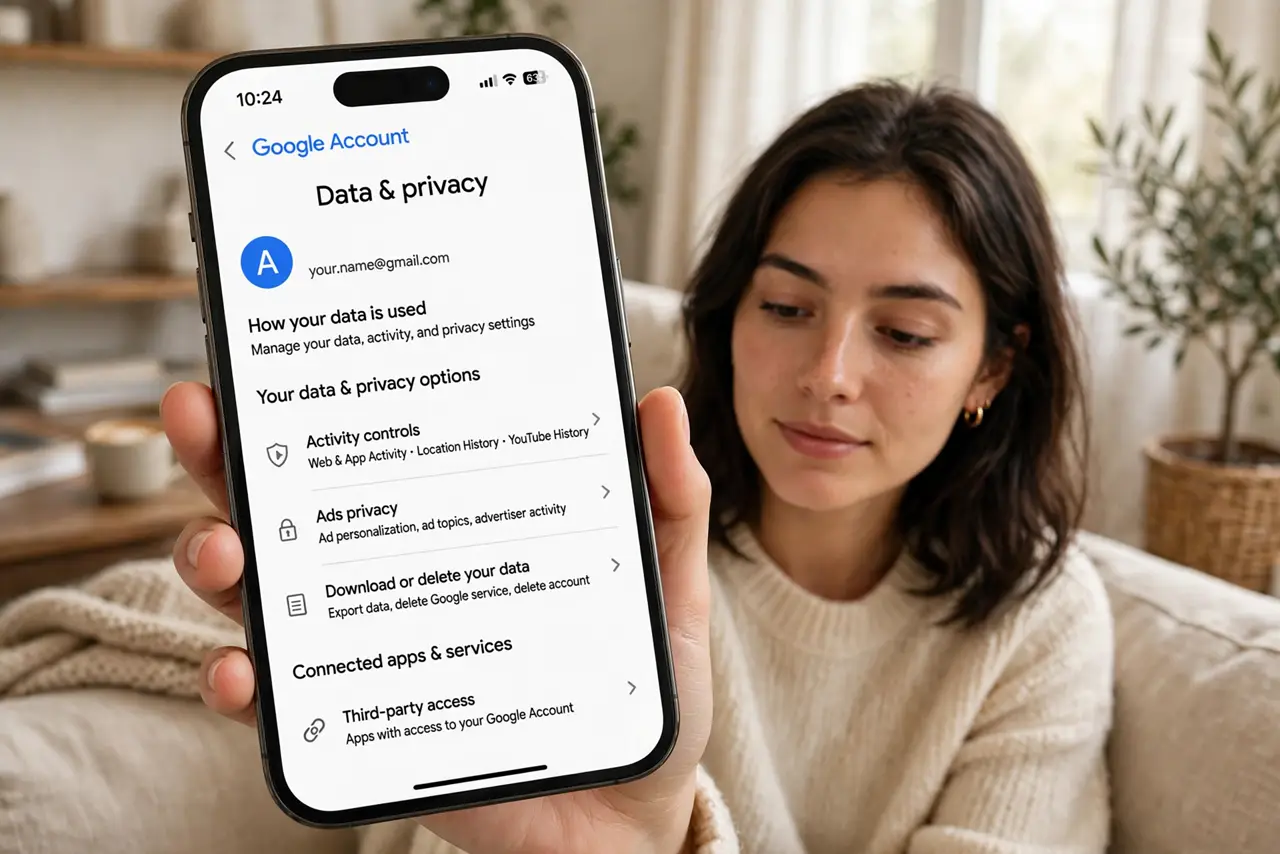 Photoreal photo of a person performing the first step: Open your Google Account's Data & privacy. On the web or in the Google app, open your accoun...