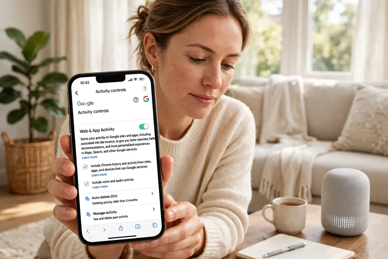Photoreal photo: a person holding a real phone showing Google Account activity controls with legible text, a real smart speaker nearby, the person's face determined, living room. No black screen, no blank white scr...