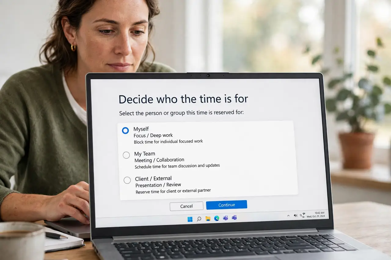 Step 1 in action for Appointment Schedule vs Event: Decide who the time is for.