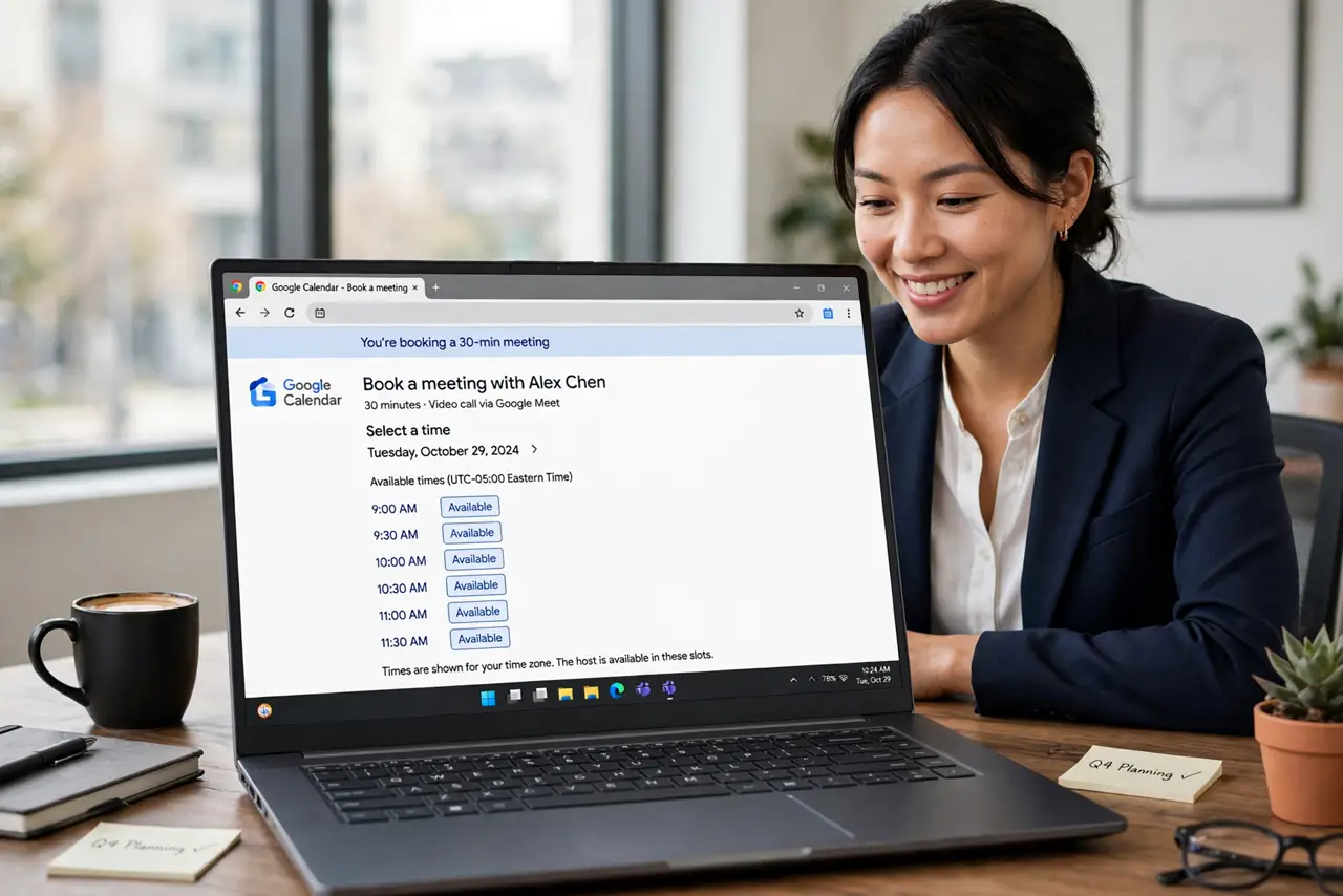 Appointment Schedule vs Event — a calm professional at a desk opening a Google Calendar booking page on a real laptop, the screen showing avai