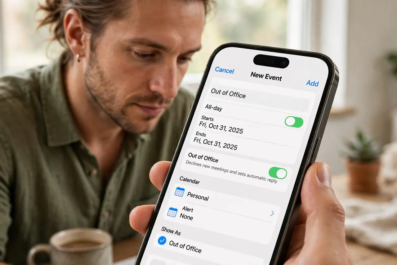 Step 1 in action for 'Out of Office' Auto-Declines: Create an Out of Office event.