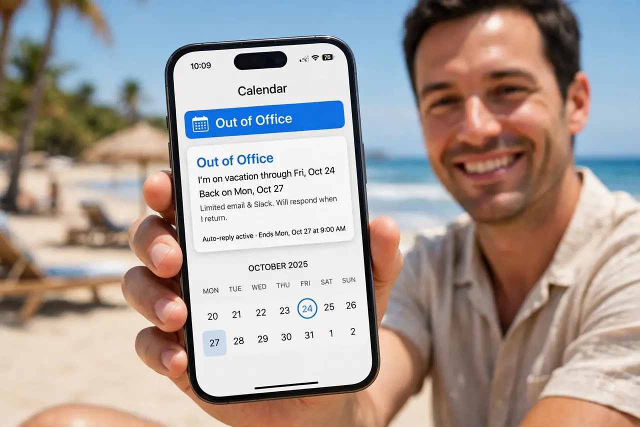 'Out of Office' Auto-Declines — a relaxed adult on vacation holding a real phone showing a calendar out-of-office banner with fully legible te