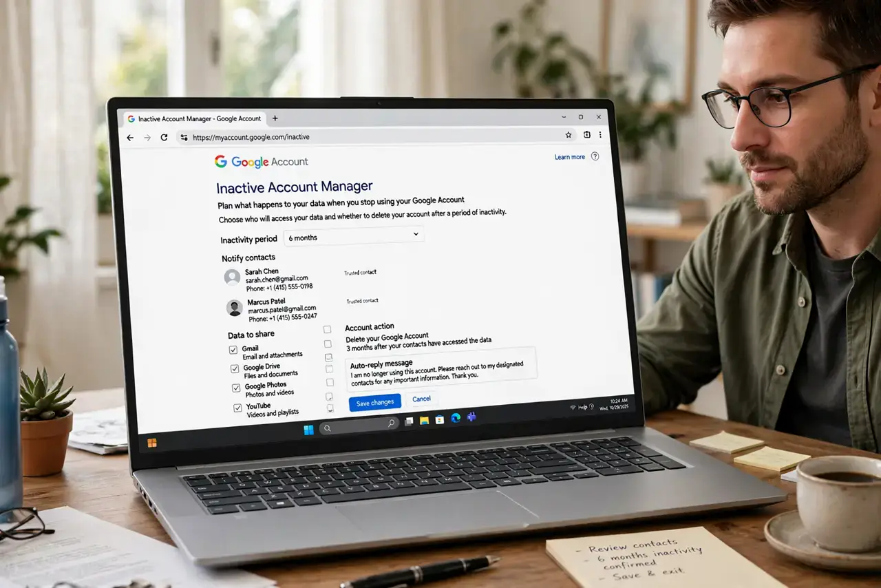 Google's Inactive Account Manager — a responsible adult at a desk with a real laptop showing Google's Inactive Account Manager settings page with
