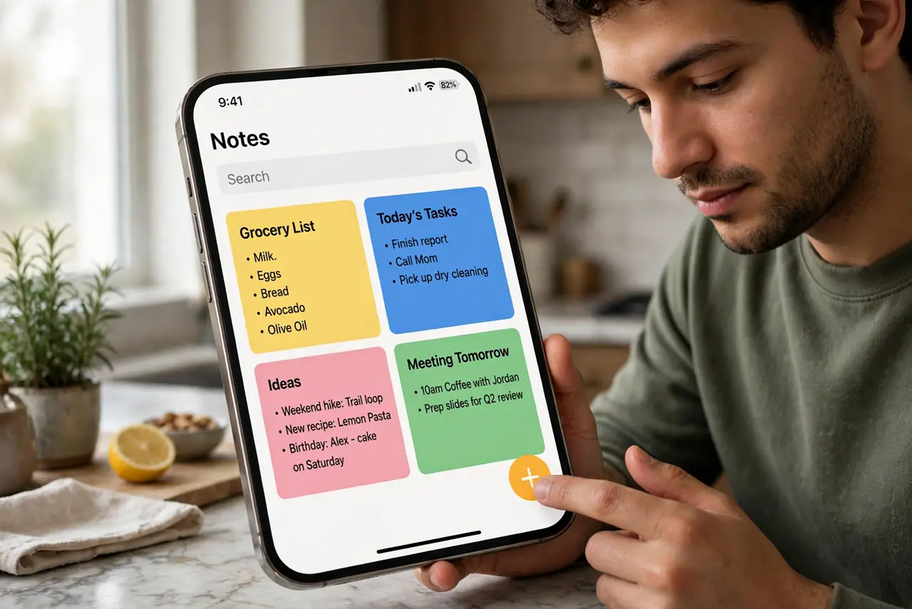 Photoreal photo of a person performing the first step: Capture a note in ten seconds. Open Keep, tap the plus, type, done. The whole philosophy is speed — if capturing takes longer than thinking the though...