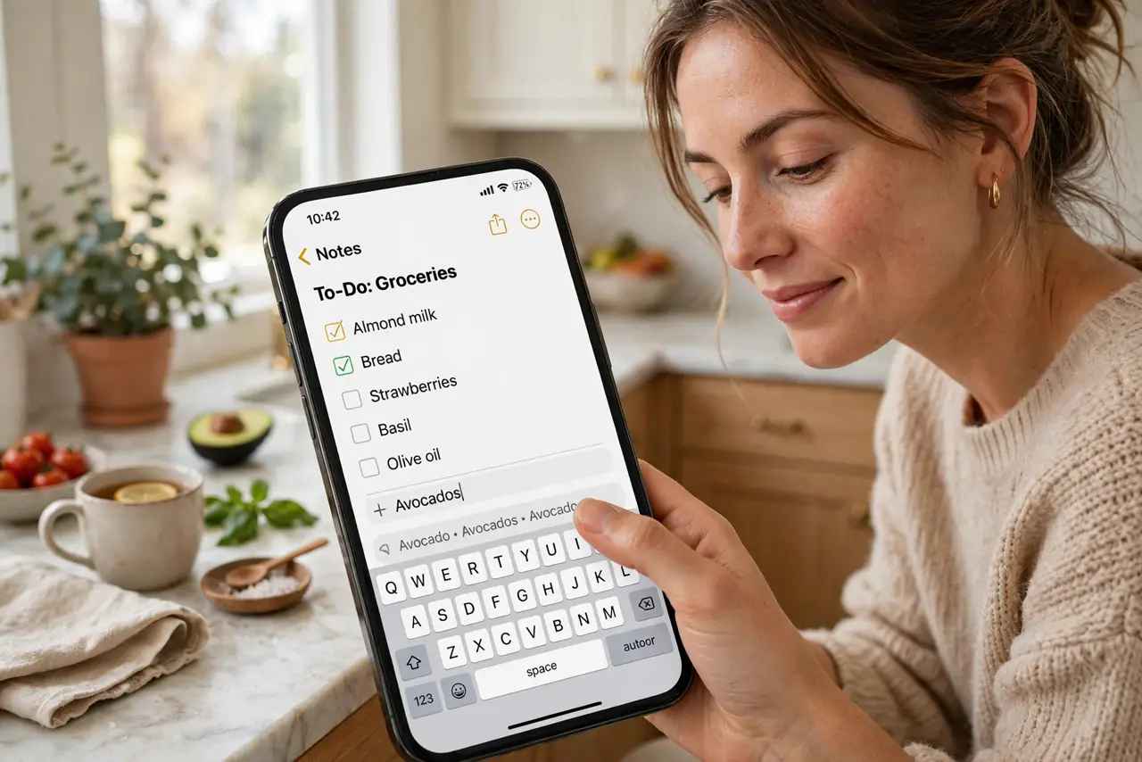 Photoreal photo: a person adding a checklist note on a real phone showing a notes app with colorful note cards and legible text, the person's face relaxed, kitchen counter. No black screen, no blank white screen, no fake