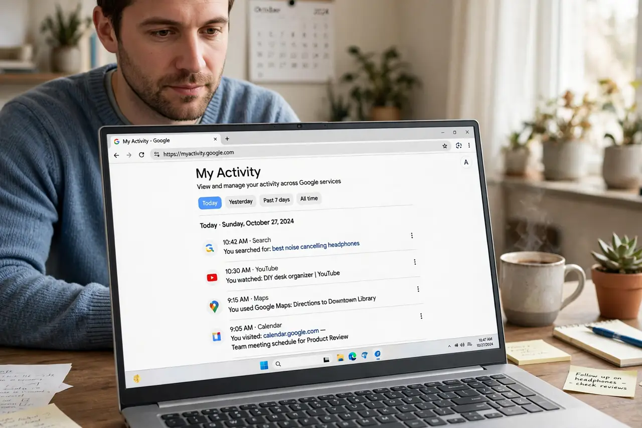 a person reviewing the real Google My Activity page on a laptop showing legible activity entries, the person's face thoughtful, home office.