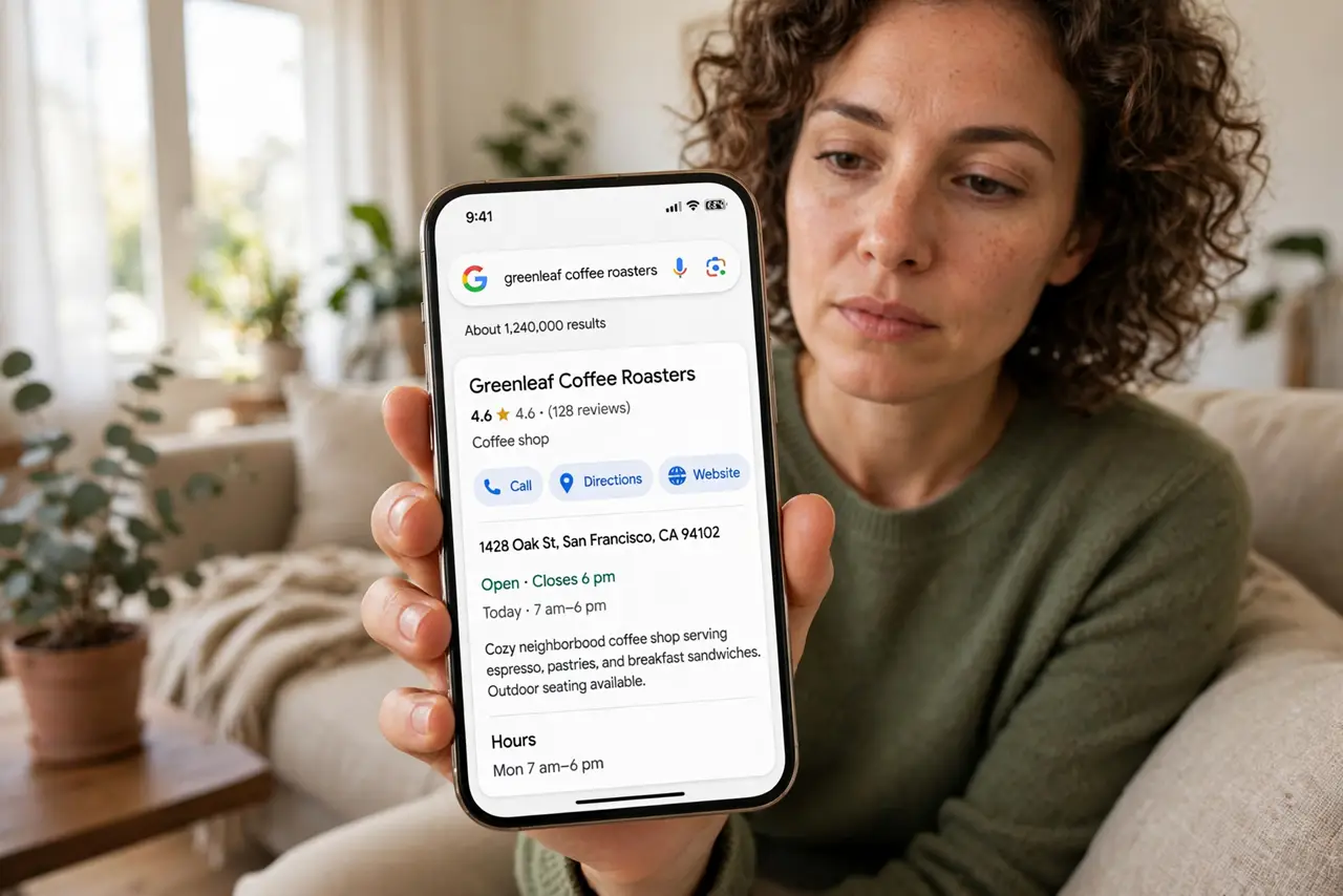 A person holding a real phone showing Google search results with a contact info card legible on screen, the person's