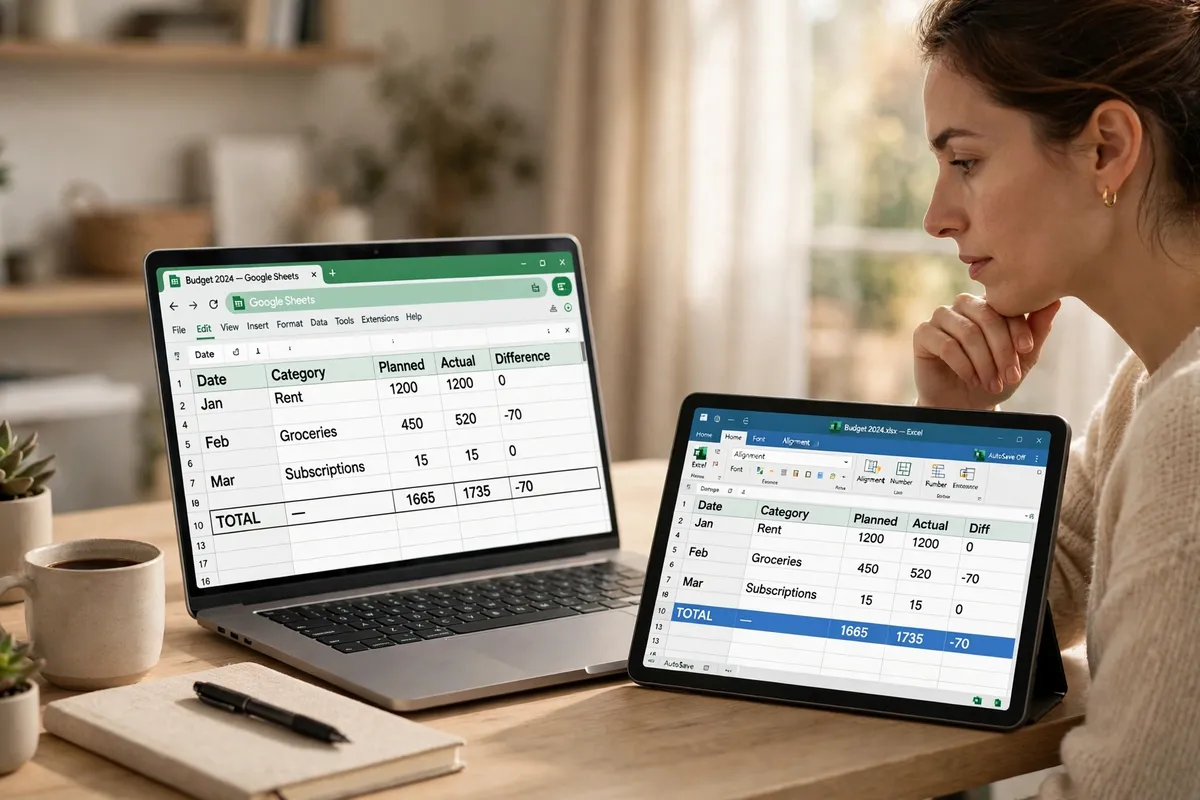 A woman at a bright wooden desk comparing the same budget spreadsheet open in Google Sheets on a laptop and in Excel on a tablet, with a notebook and coffee beside her.