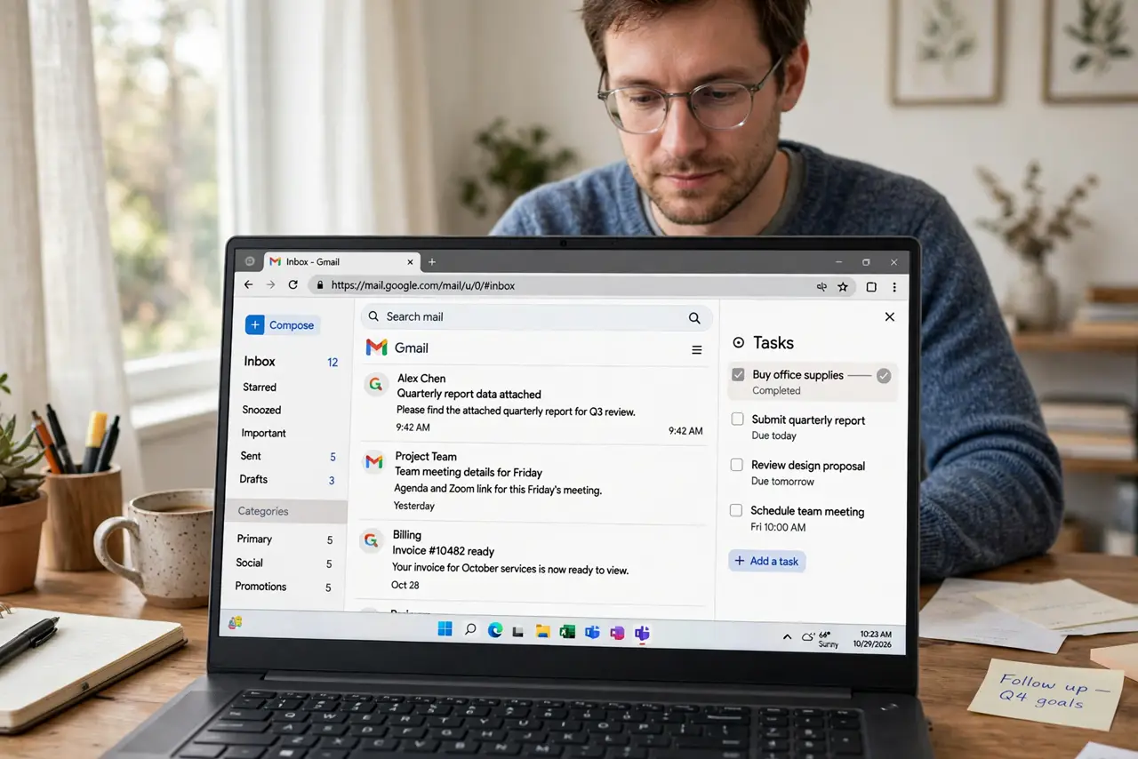 Photoreal photo of a person performing the first step: Find it in Gmail. Open Gmail on the web and look at the right sidebar — the blue checkmark icon is Google Tasks. It is also in the Google Calendar sid...