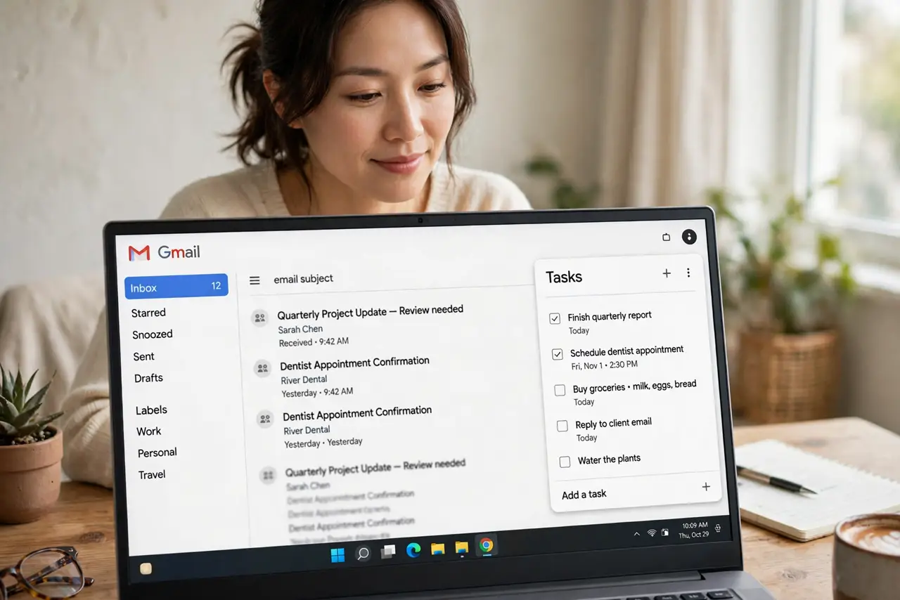 Photoreal photo: a person checking a task list in a real Gmail sidebar showing Google Tasks with legible task entries, the person's face calm, home office. No black screen, no blank white screen, no fake or garbled scree
