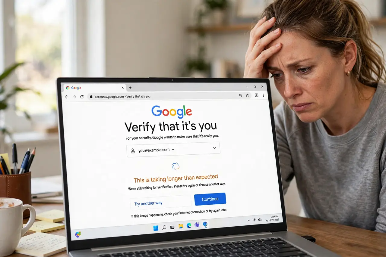 Stuck in 'Verify It's You' — a frustrated adult looking at a real laptop showing Google's Verify it's you screen looping, the screen text f