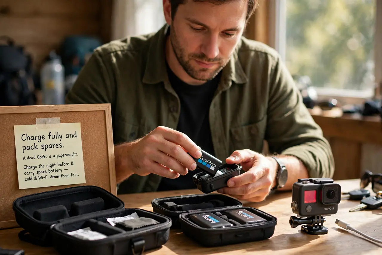 A person performing the first step of the guide: Charge fully and pack spares.