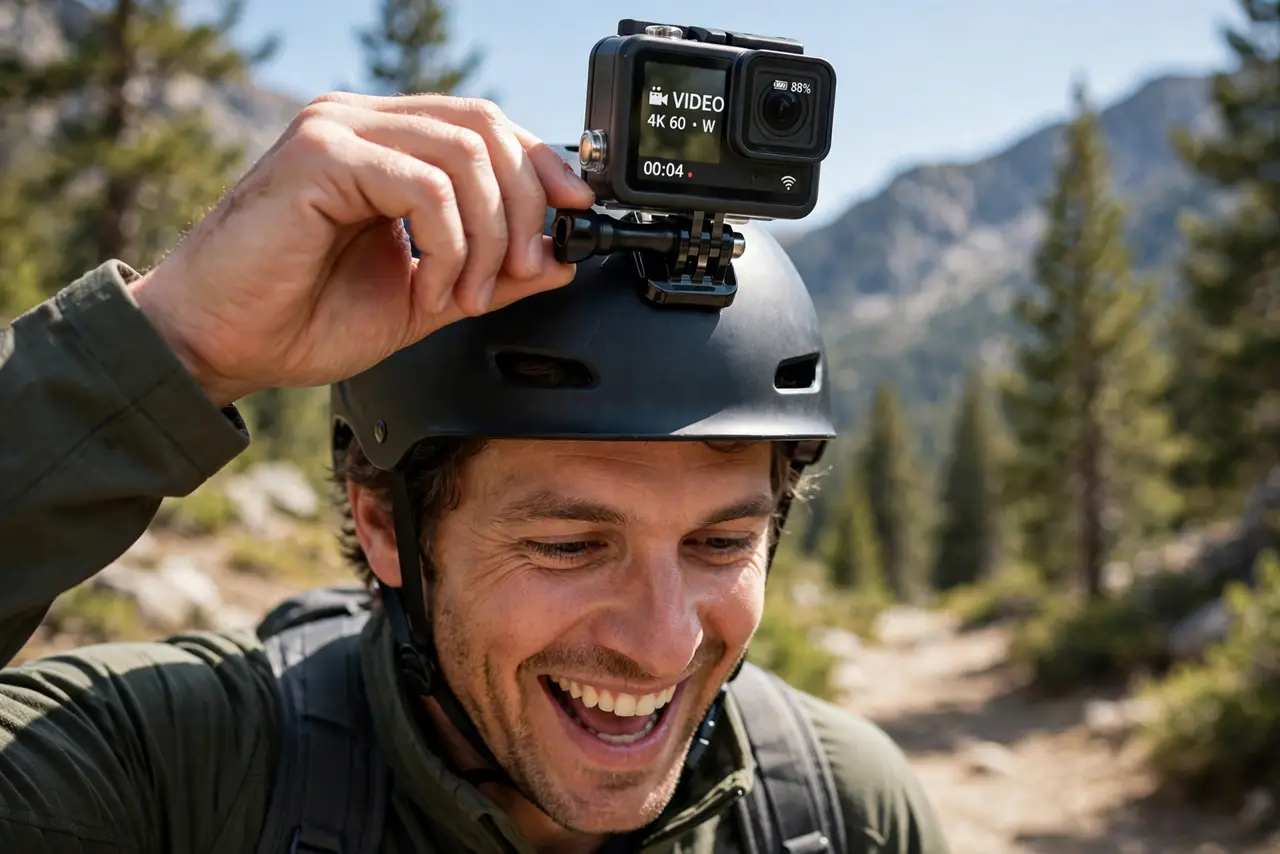 a person mounting a real GoPro on a helmet, the camera's legible screen showing the default video mode, outdoor adventure setting, the person's face excited.