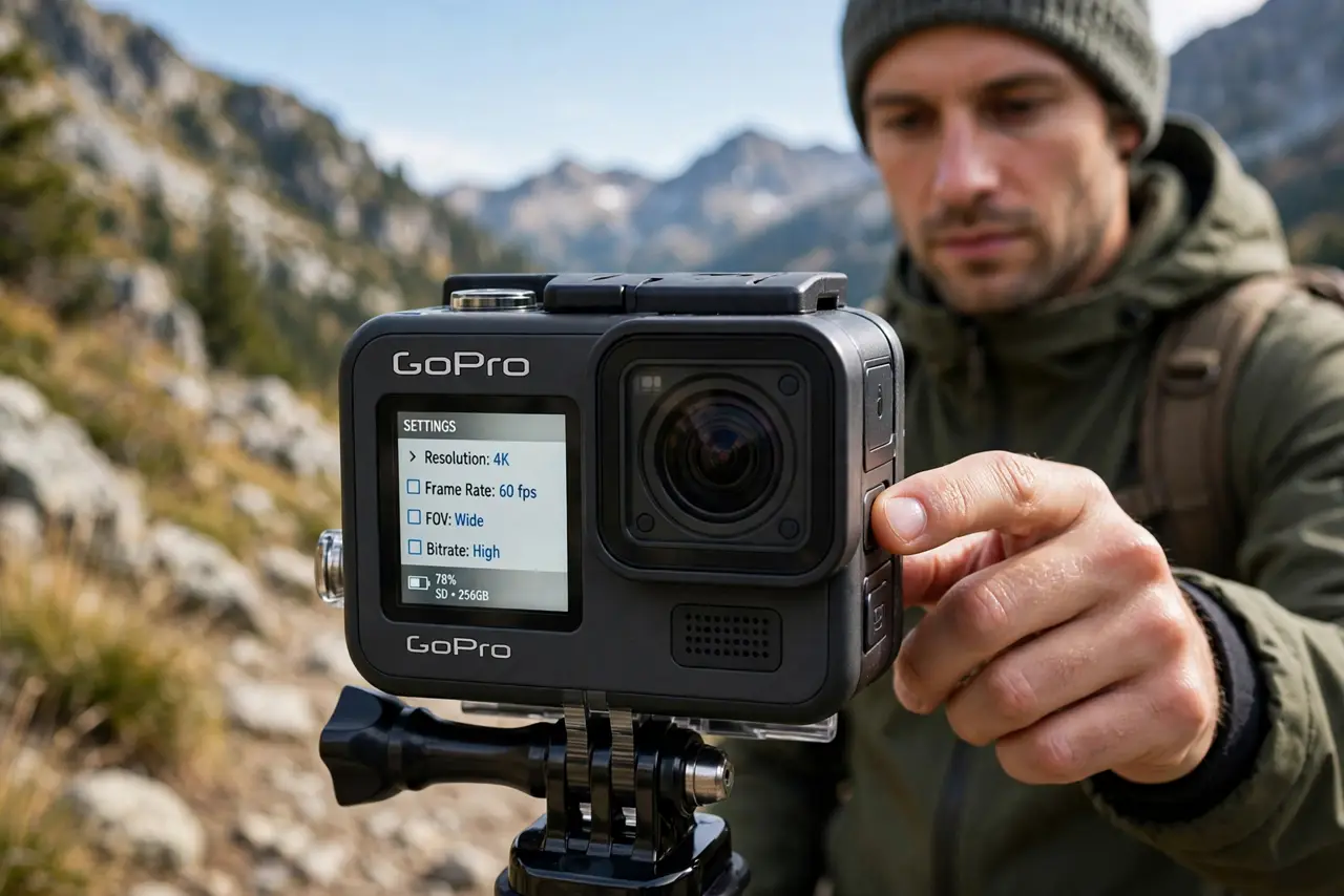 Photoreal photo of a person performing the first step: Pick resolution and frame rate first. 4K30 is the versatile default — sharp and smooth. Choose