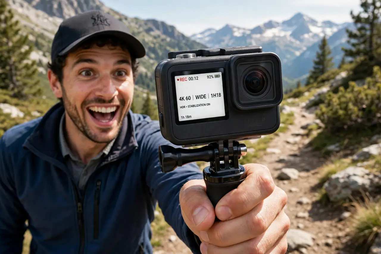 Photoreal photo: a person holding a real GoPro camera at arm's length on a hiking trail, the camera's small screen showing a legible recording interface, mountains behind, the person's face excited, daylight. No black screen, no blank