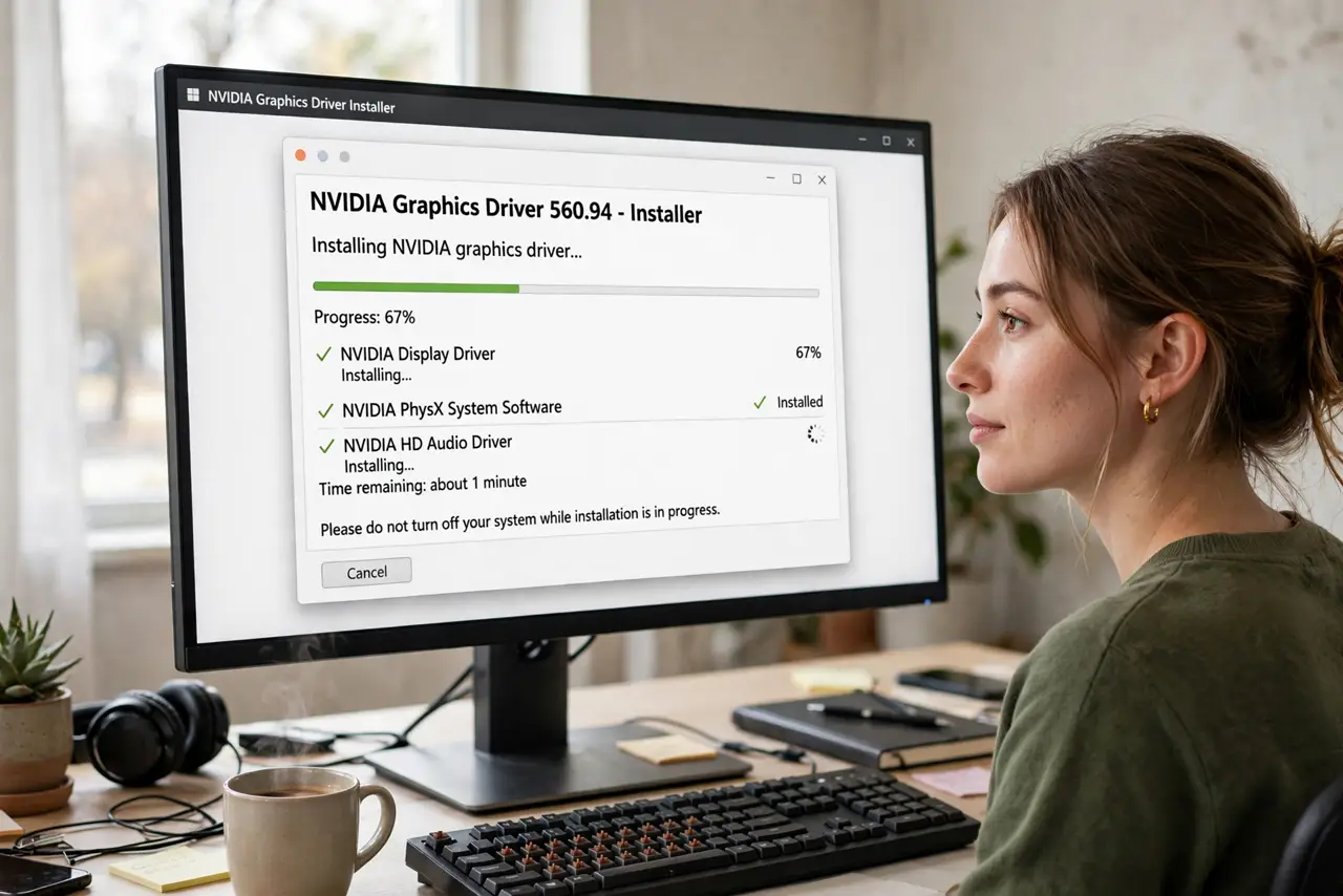 A person looking at a real monitor showing a GPU driver installer window with legible progress text, the person's face