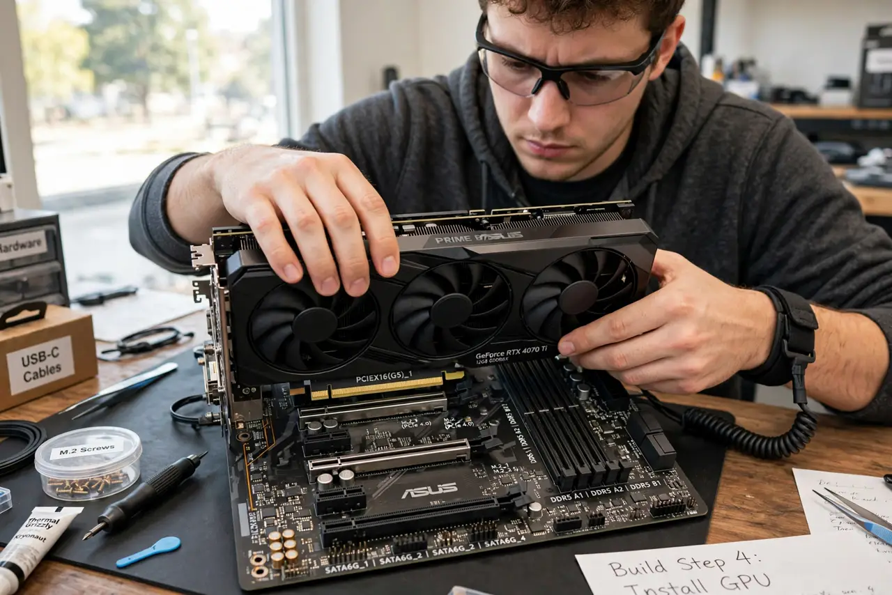 a person carefully seating a real graphics card into a real motherboard PCIe slot, the card and slot clearly visible, the person's face focused, well-lit workbench. No black screen.