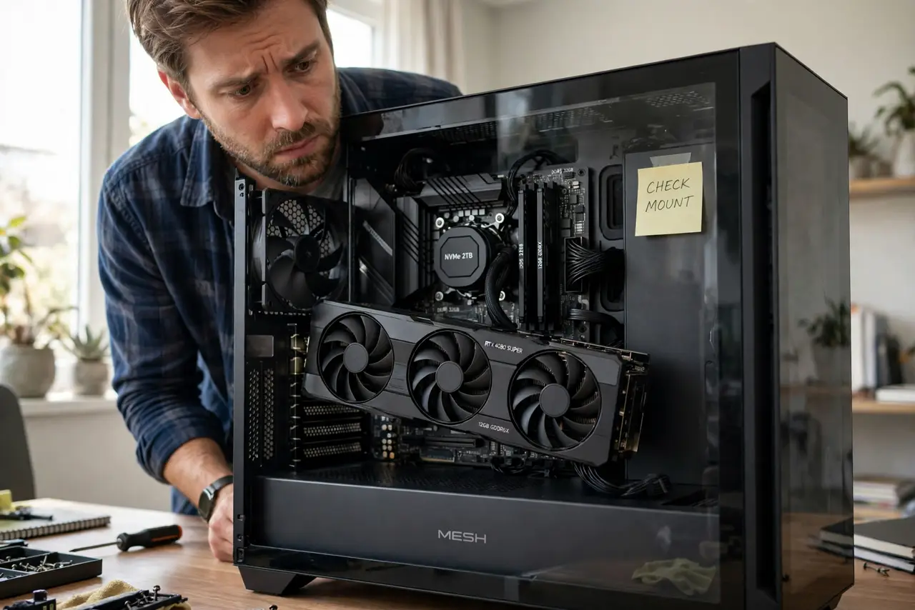 A person looking at a desktop PC case window showing a large graphics card sagging slightly at the far end, the