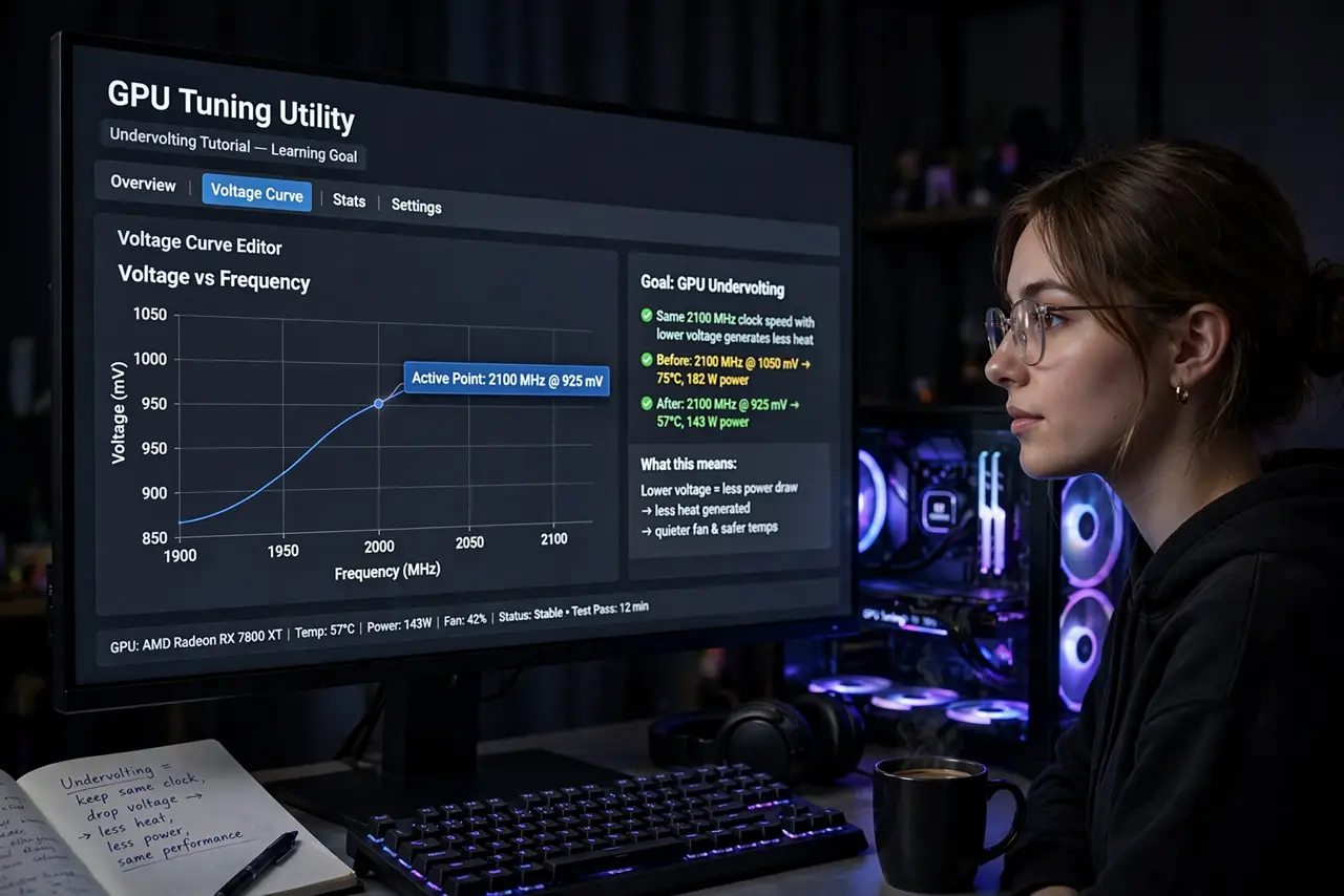 A person performing the first step: Learn the goal. Same clock speed, less voltage. The card does identical work while.