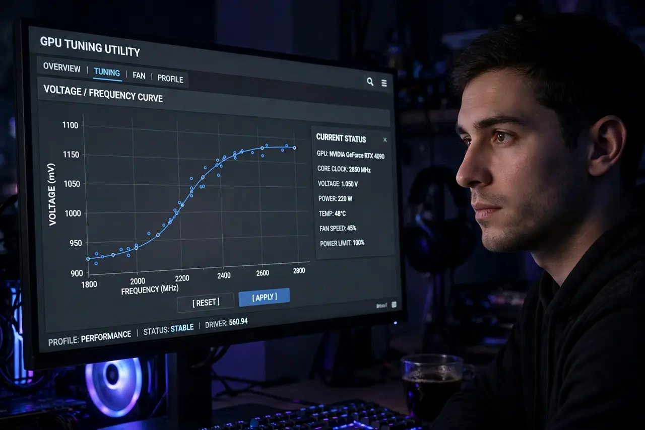 A person looking at a real monitor showing a GPU tuning utility with a voltage curve legible on screen, the person's
