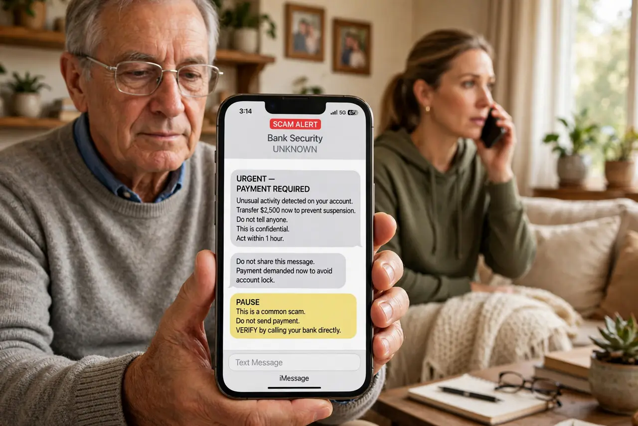 A person performing step 1: Recognize the script. Urgency, secrecy, and a payment method: your grandchild is hurt or arrested, do not tell.
