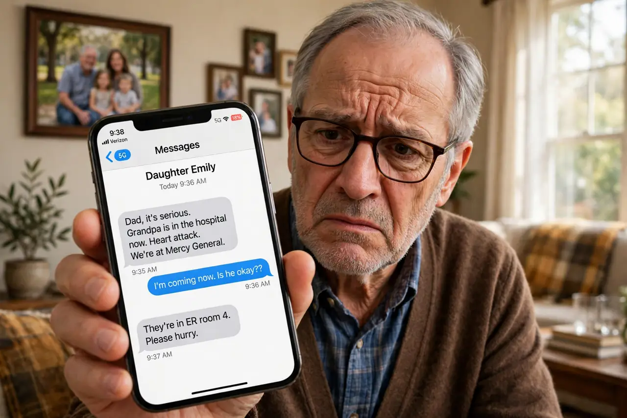 An older person holding a real phone with a worried expression, a family photo on the wall behind them, the person's face distressed, warm living room, daylight.