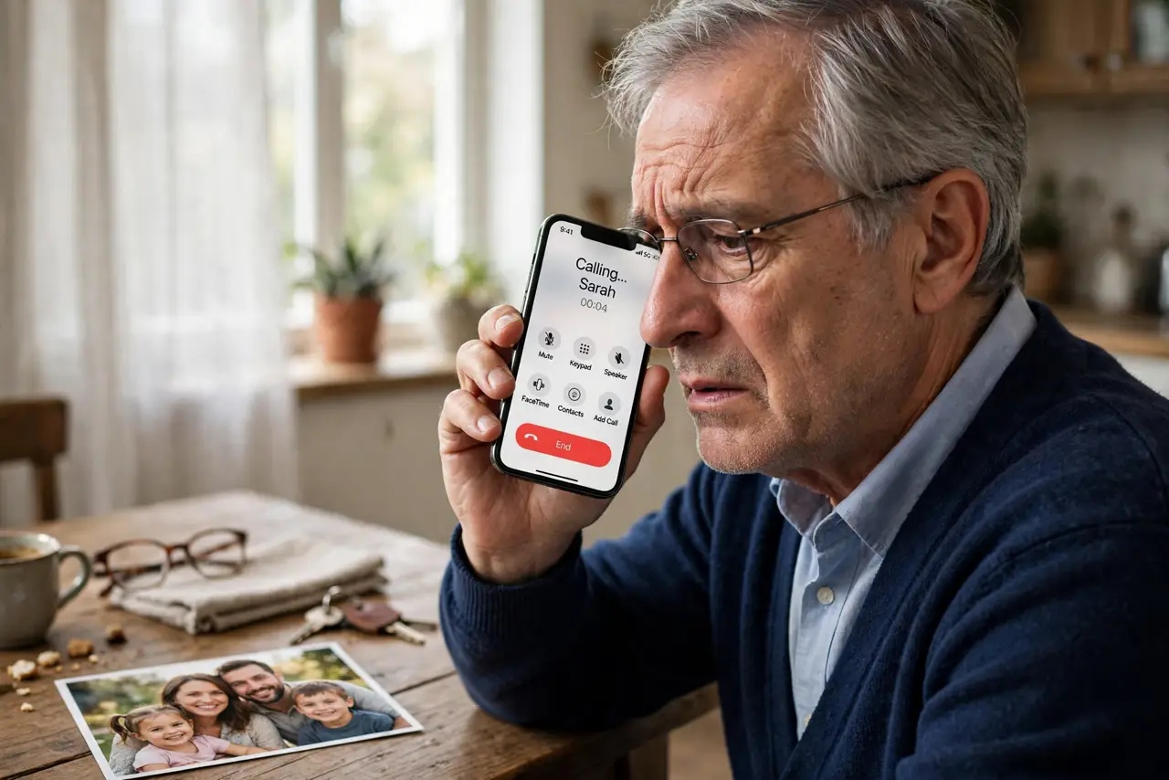 Grandparent Scam Calls — a worried older adult holding a real phone to their ear with a concerned expression, a family photo visible on