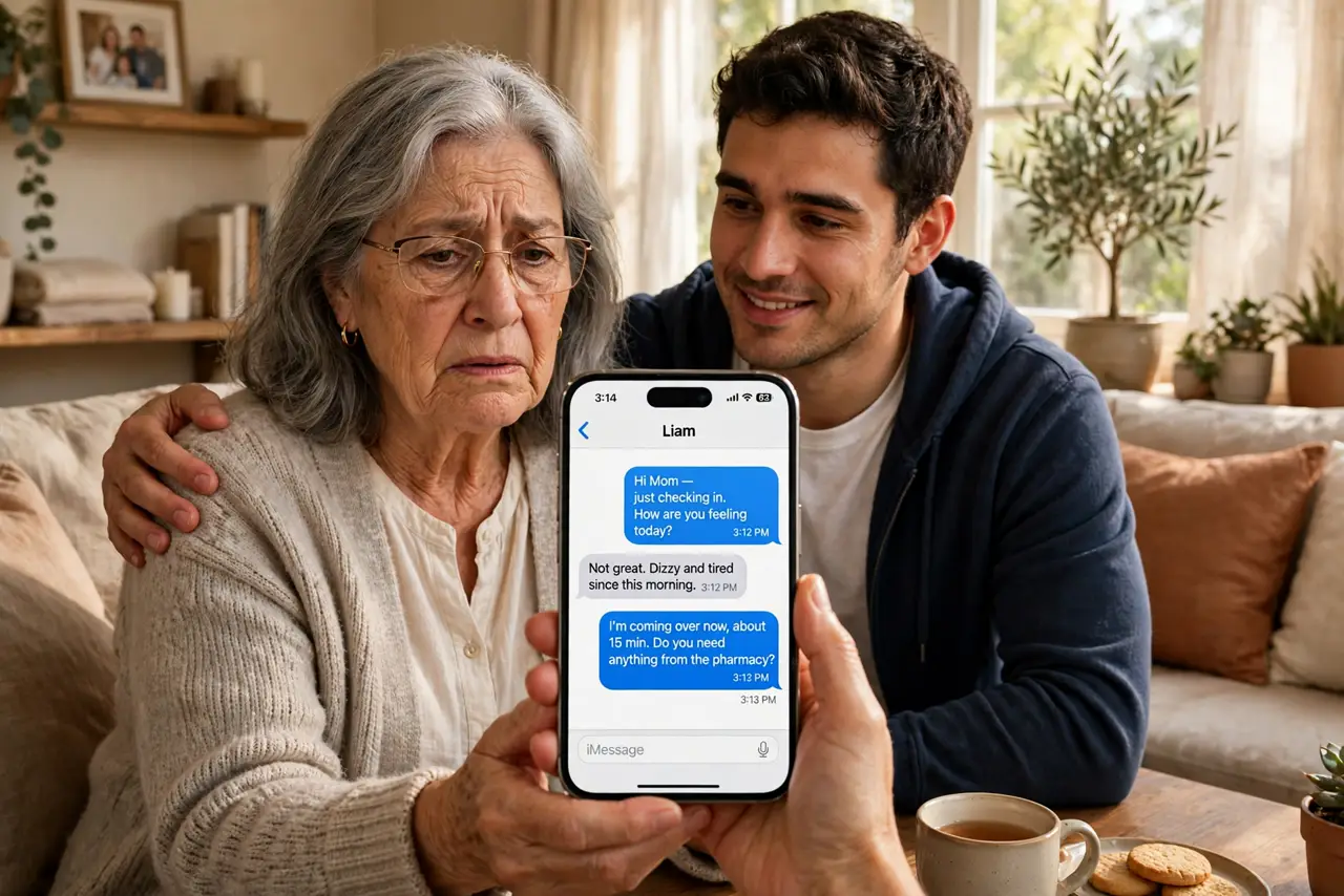 an older woman holding a real phone with a concerned expression, a younger family member beside her with a reassuring hand on her shoulder, warm living room, daylight. No black scr.