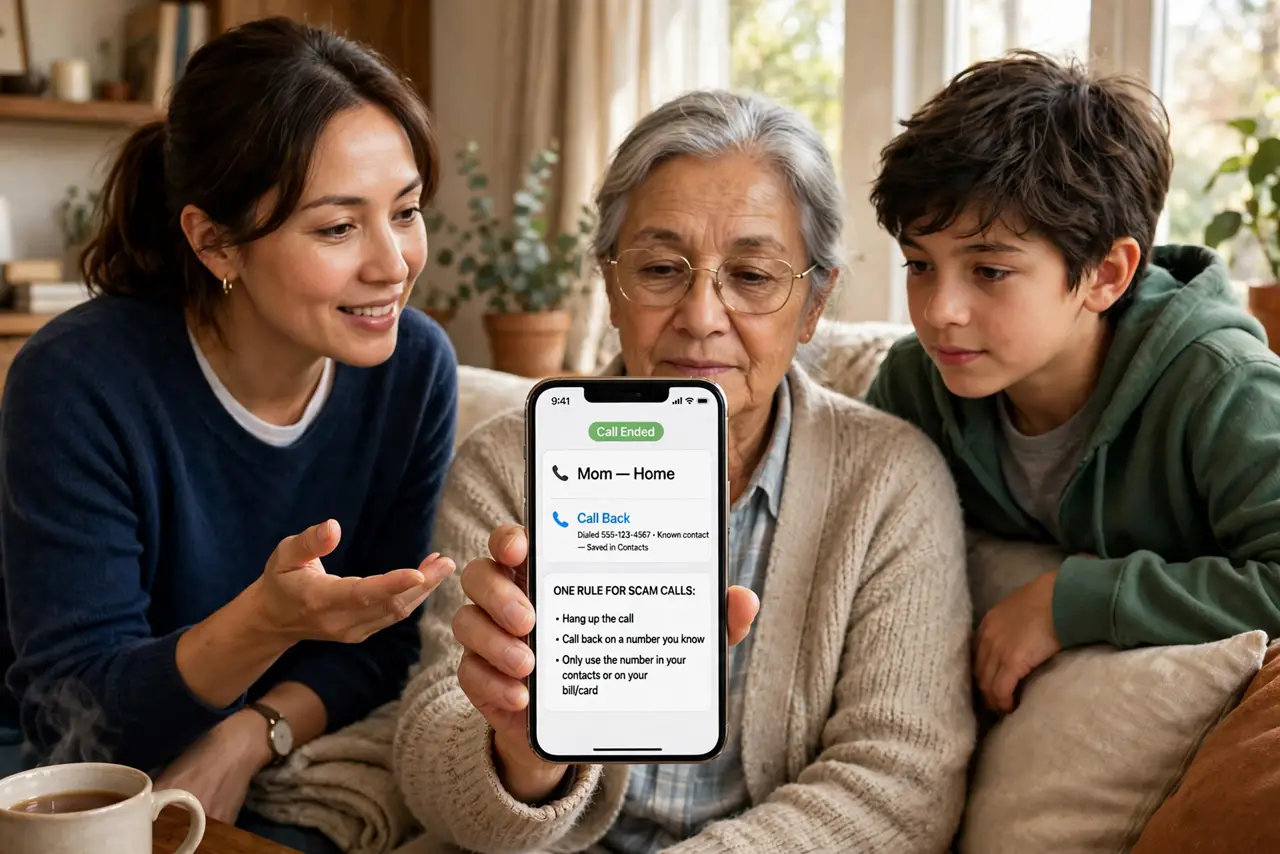 Photoreal photo of a person performing the first step: Teach the one rule. Hang up on unexpected callers, then call back on a known number. One rul...
