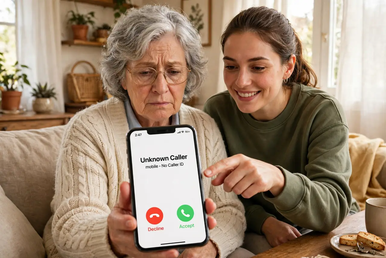 Photoreal photo: an older person holding a real phone looking uncertain at an incoming unknown call, a younger family member beside them pointing kindly at the decline button, warm living room, caring mood. No blac...