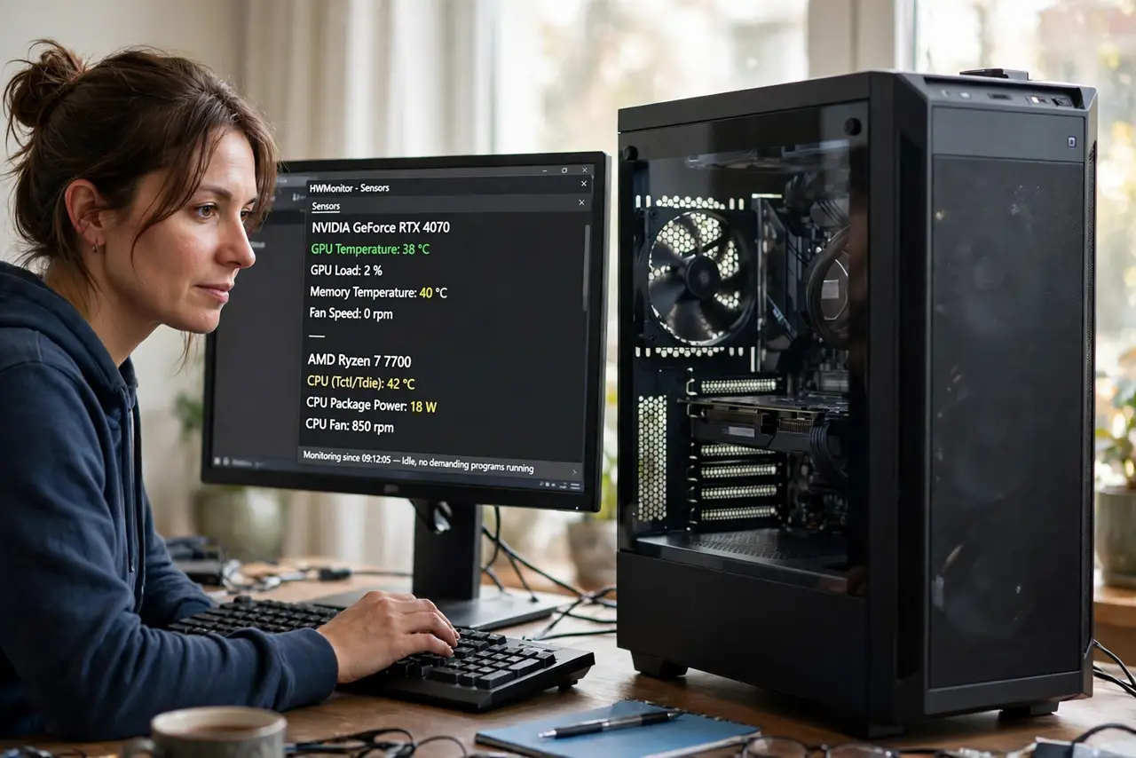 A person performing step 1 of the guide: Check idle temperatures first. Open a hardware monitor and read the GPU temperature with nothing demanding running. High idle temps...