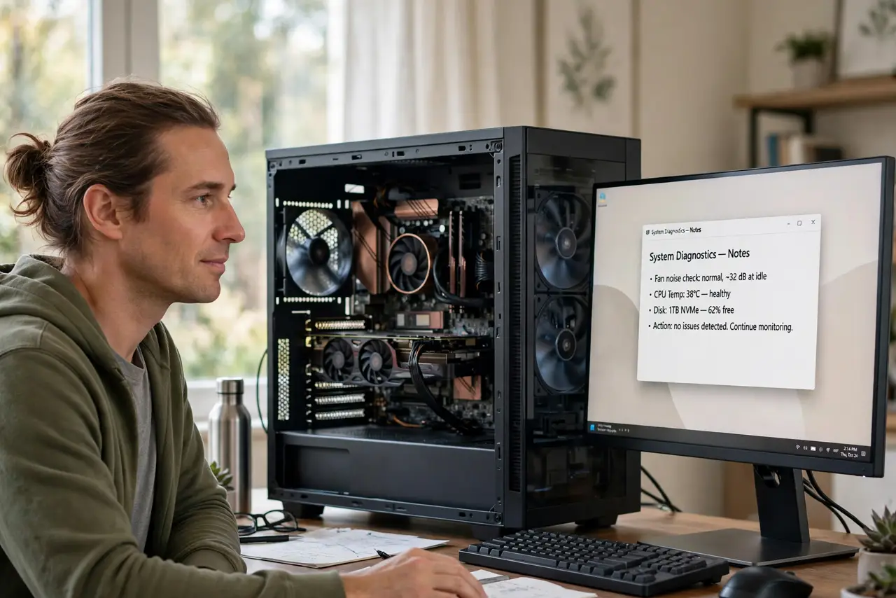 a calm adult looking at a real desktop computer with the side panel on, listening near it at a desk, the monitor showing a normal desktop with legible text, the room quiet