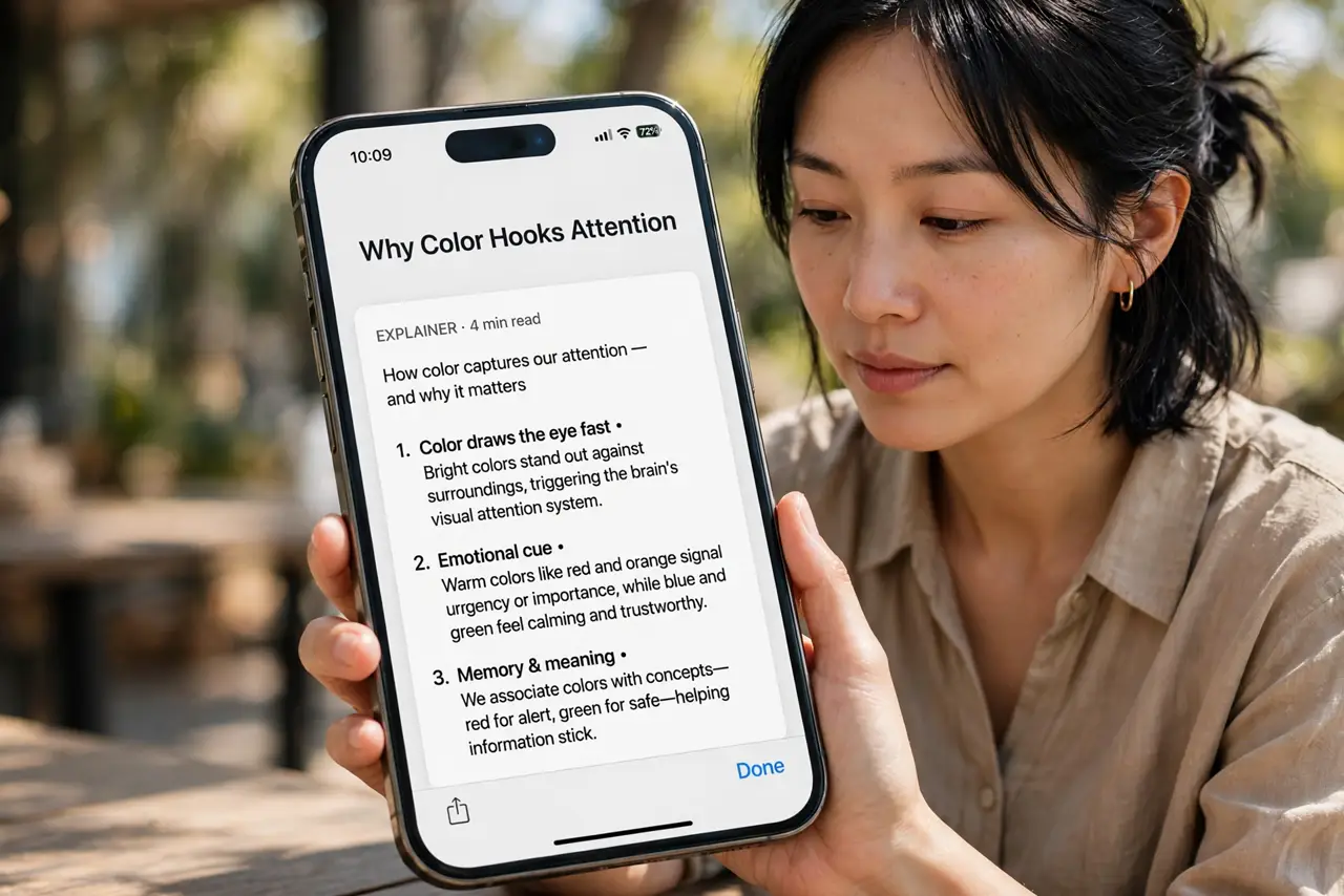 Photoreal photo of a person performing the first step: Understand why color hooks you. App designers use color deliberately — red for urgency, brig...