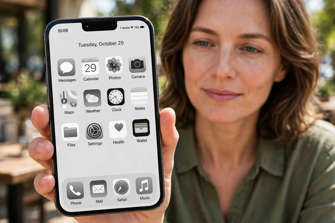 Photoreal photo: a person holding a real phone showing a grayscale home screen with black-and-white app icons legible, the person's face calm and in control, bright daylight. No black screen, no blank white screen,...