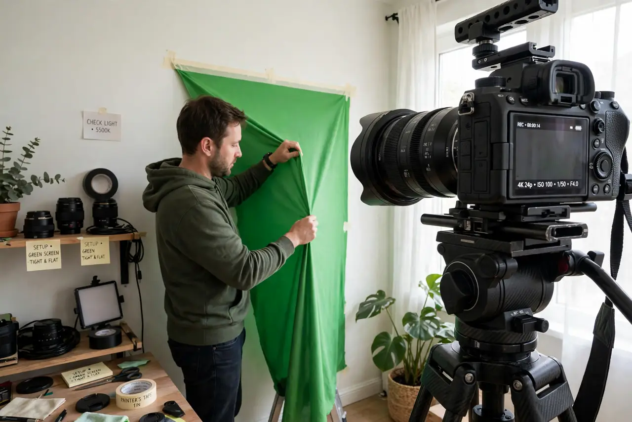 Photoreal photo of a person performing the first step: Hang it smooth and tight. Wrinkles create shadows, and shadows create bad keys. Stretch the ...