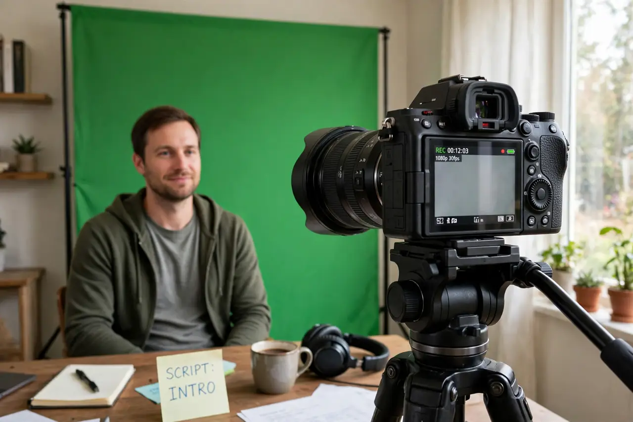 Photoreal photo: a person sitting in front of a real green screen evenly lit with no shadows, a real camera on a tripod, the person's face calm and natural, home studio. No black screen, no blank white screen, no f...