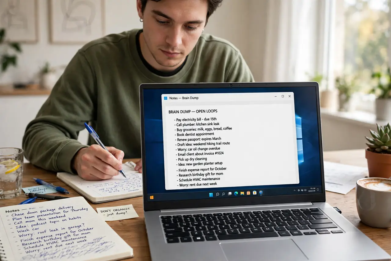 A person performing the first step of the guide: Do a full brain dump. Grab paper or a notes app and write down every open loop — tasks, errands, ideas.