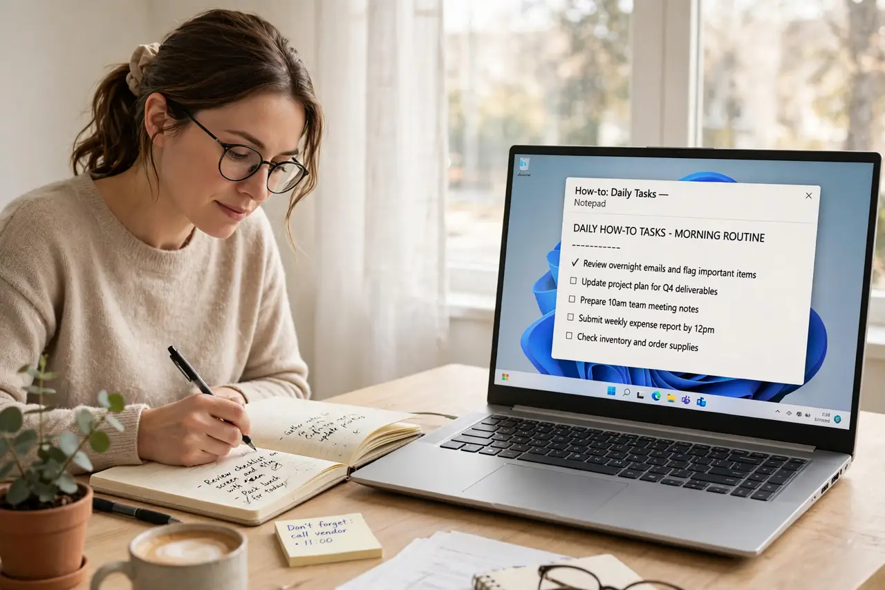 A person writing tasks in a notebook at a tidy desk with a laptop open beside it, morning light through a window, focused expression. No black.