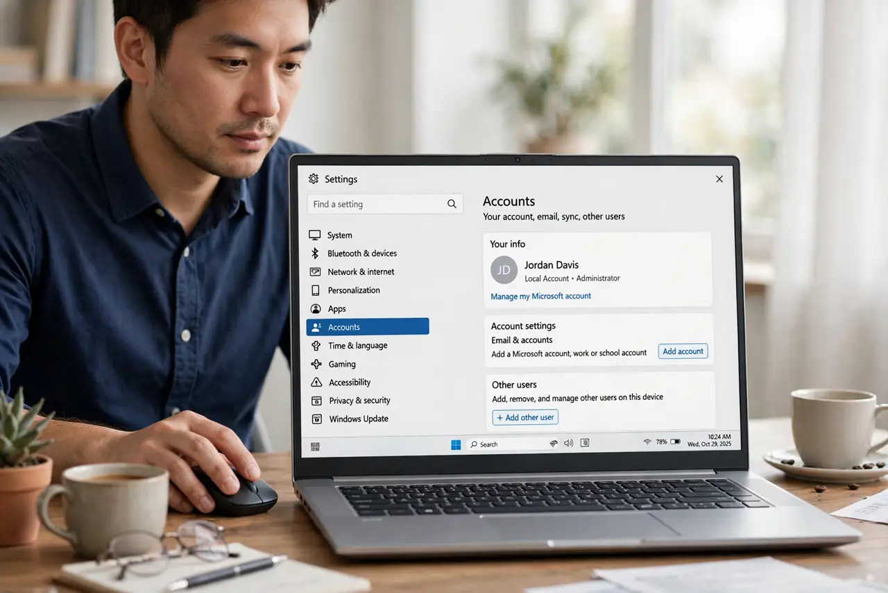 An adult reviewing user accounts in Windows Other users settings.